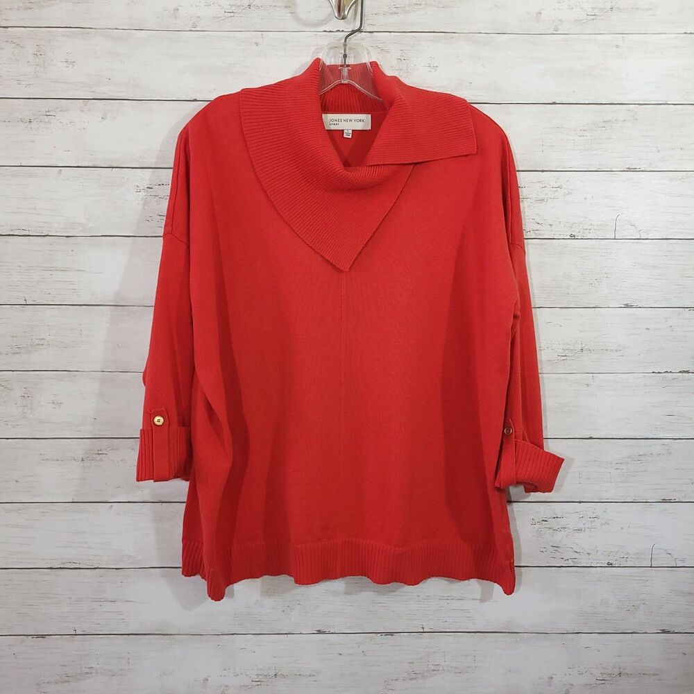Jones New York Sport Red Split Cowlneck Sweater Lightweight Fall Size Large
